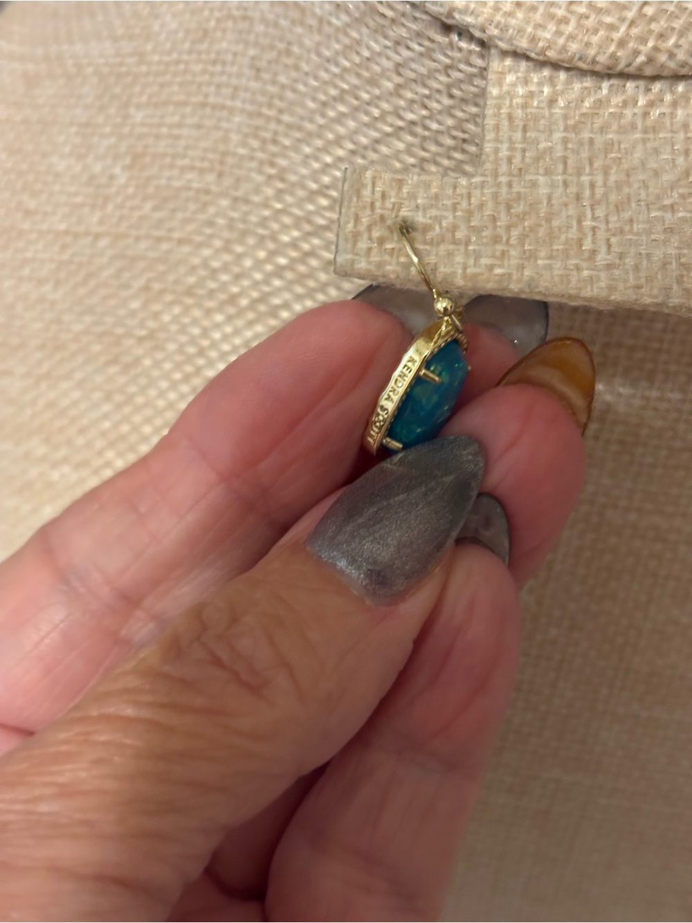 Kendra Scott Gold Dainty Drop Earrings with Bright Teal Blue Stones - Picture 2 of 4